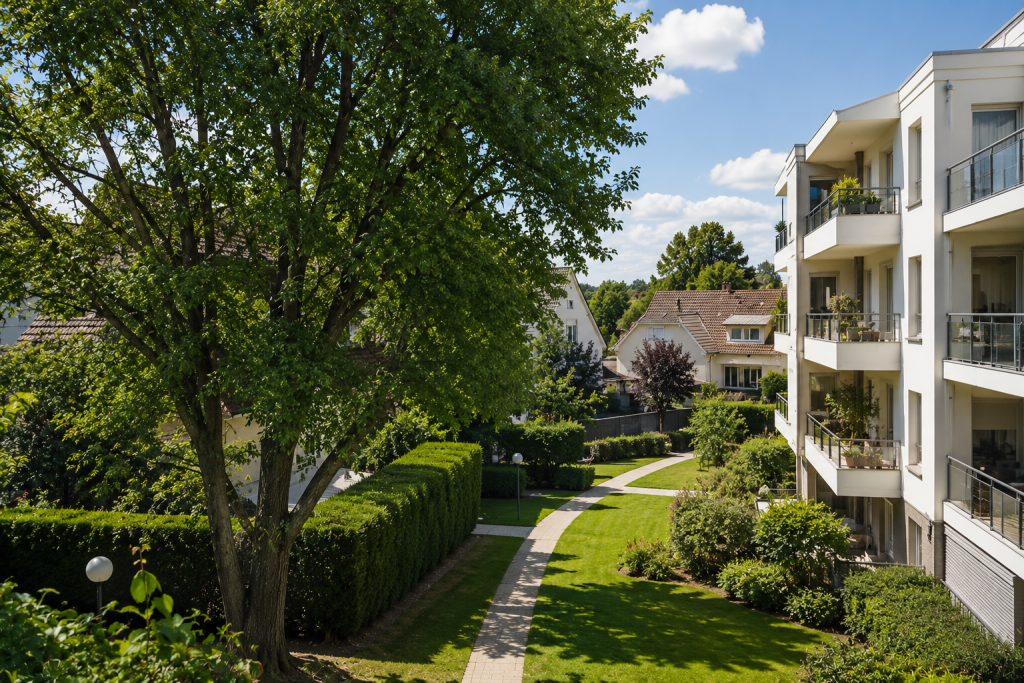 Élagage d'arbres dans une copropriété résidentielle par Cuinat Élagage