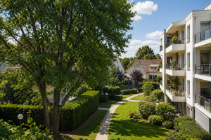 Élagage d'arbres dans une copropriété résidentielle par Cuinat Élagage