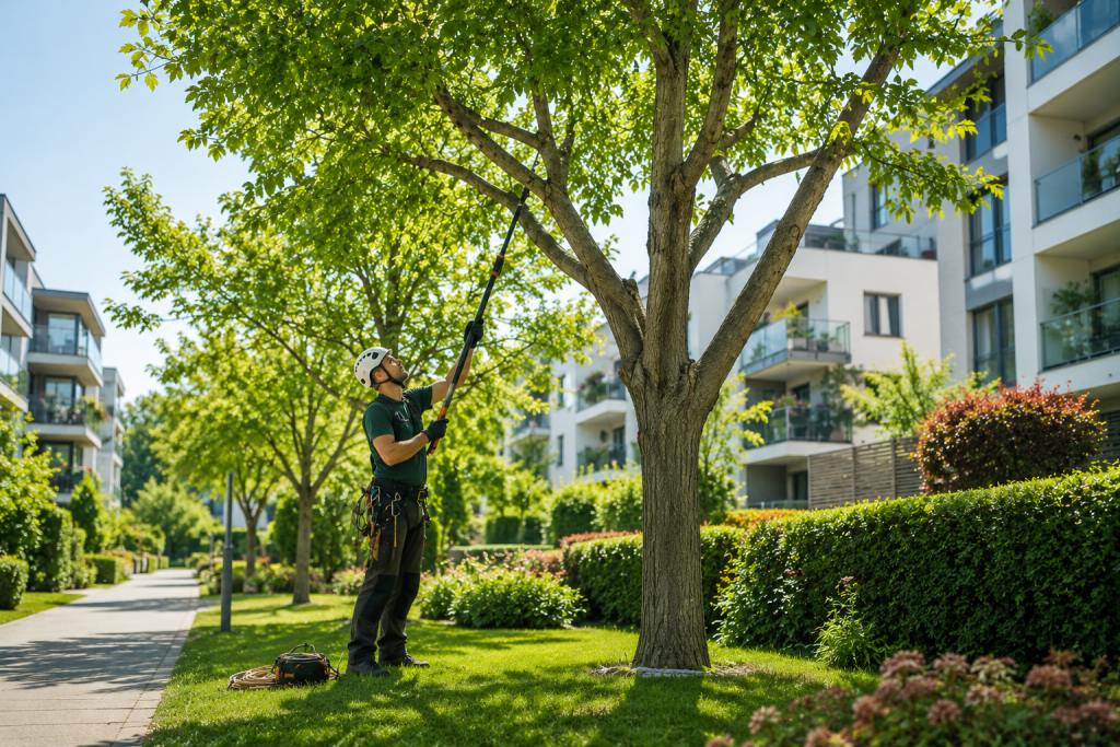 Élagueur entretenant les arbres d'une copropriété résidentielle dans l'Ouest Lyonnais