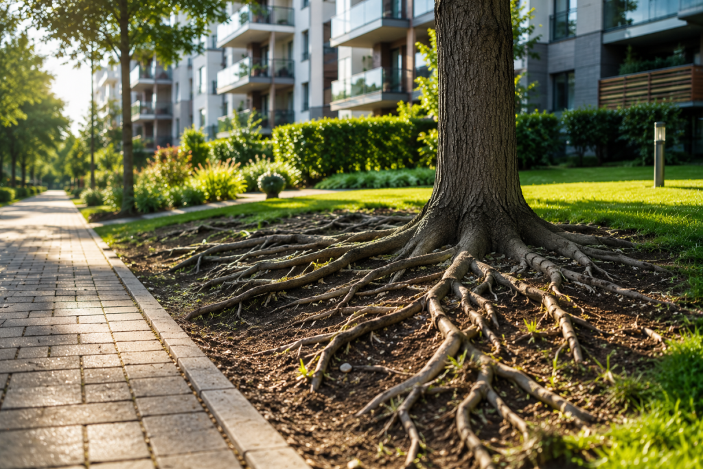 Racines d'un arbre en copropriété nécessitant une surveillance et un entretien régulier